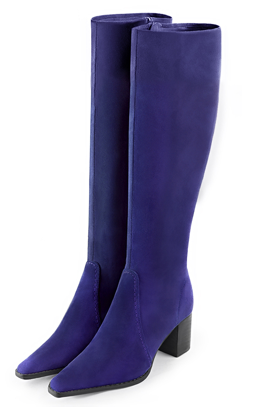 Violet purple women's feminine knee-high boots. Tapered toe. Medium block heels. Made to measure. Front view - Florence KOOIJMAN